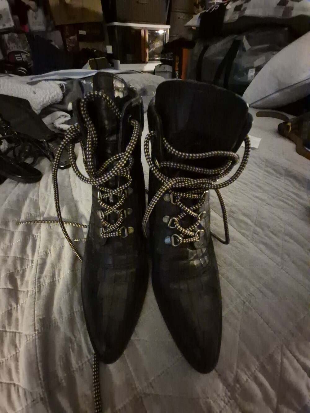 Stuart Weitzman x Gigi Hadid Black Croc-Embossed Leather Lace-Up Ankle Boots